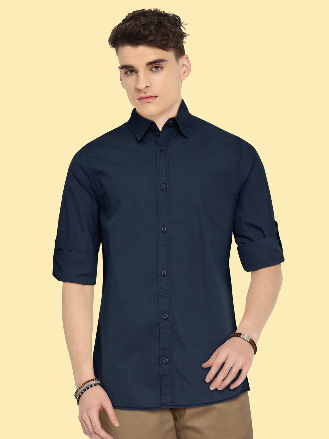 

UTH by Roadster Teen Boys Blue Solid Pure Cotton Casual Shirt