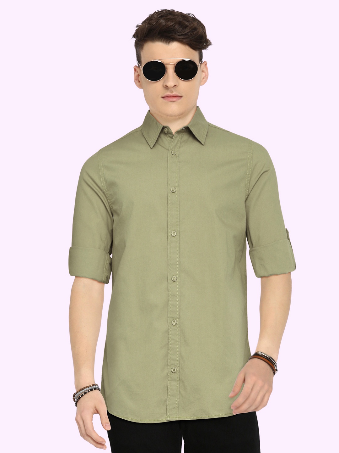 

UTH by Roadster Teen Boys Olive Green Solid Pure Cotton Casual Shirt