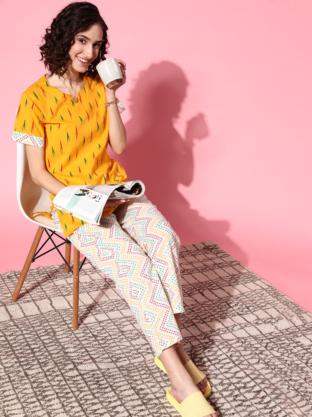 

MBeautiful Women Mustard Yellow & Beige Ikkat Print Organic Cotton Pajama Set