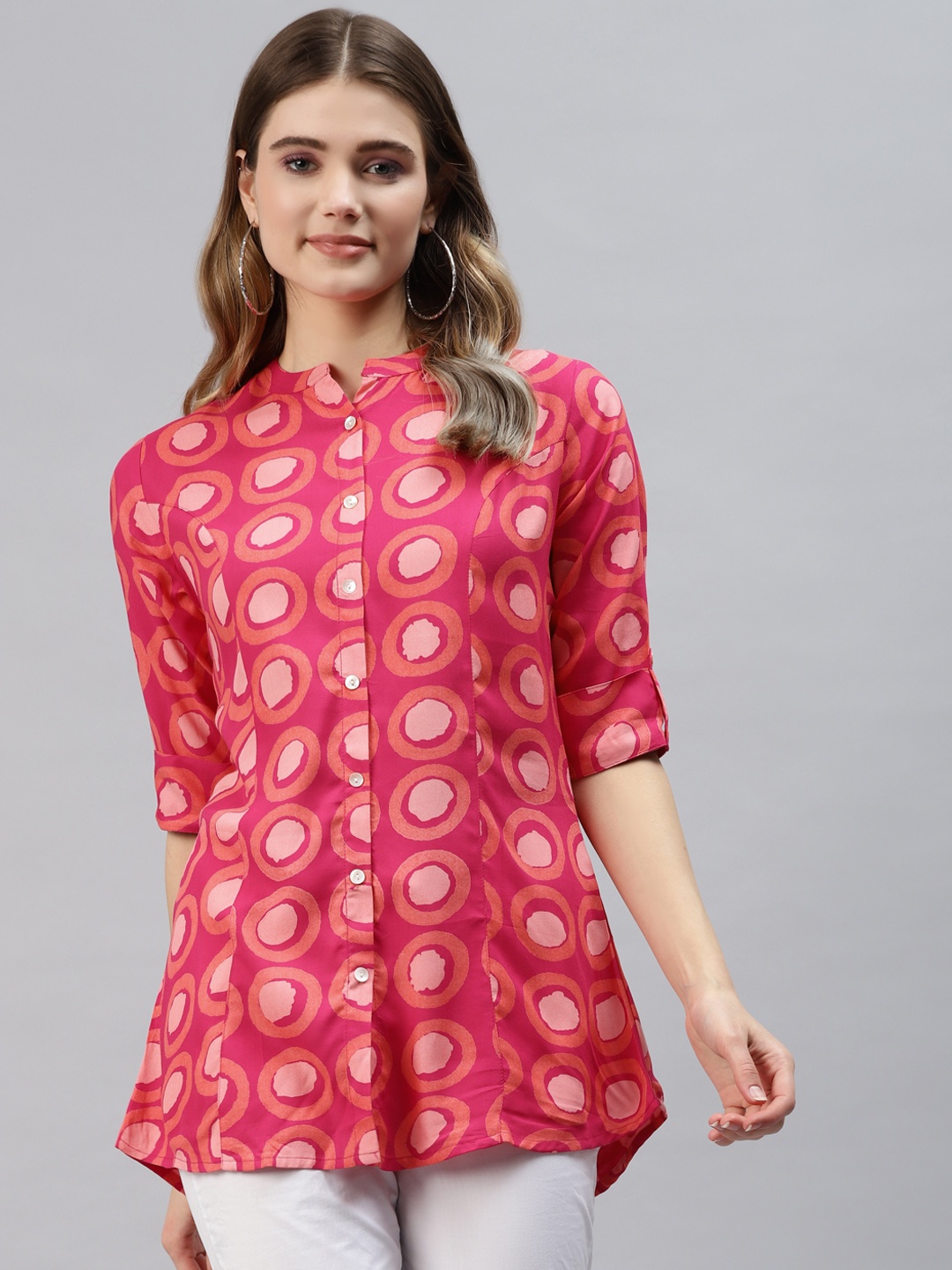 

Divena Pink Print Mandarin Collar Roll-Up Sleeves Shirt Style Top