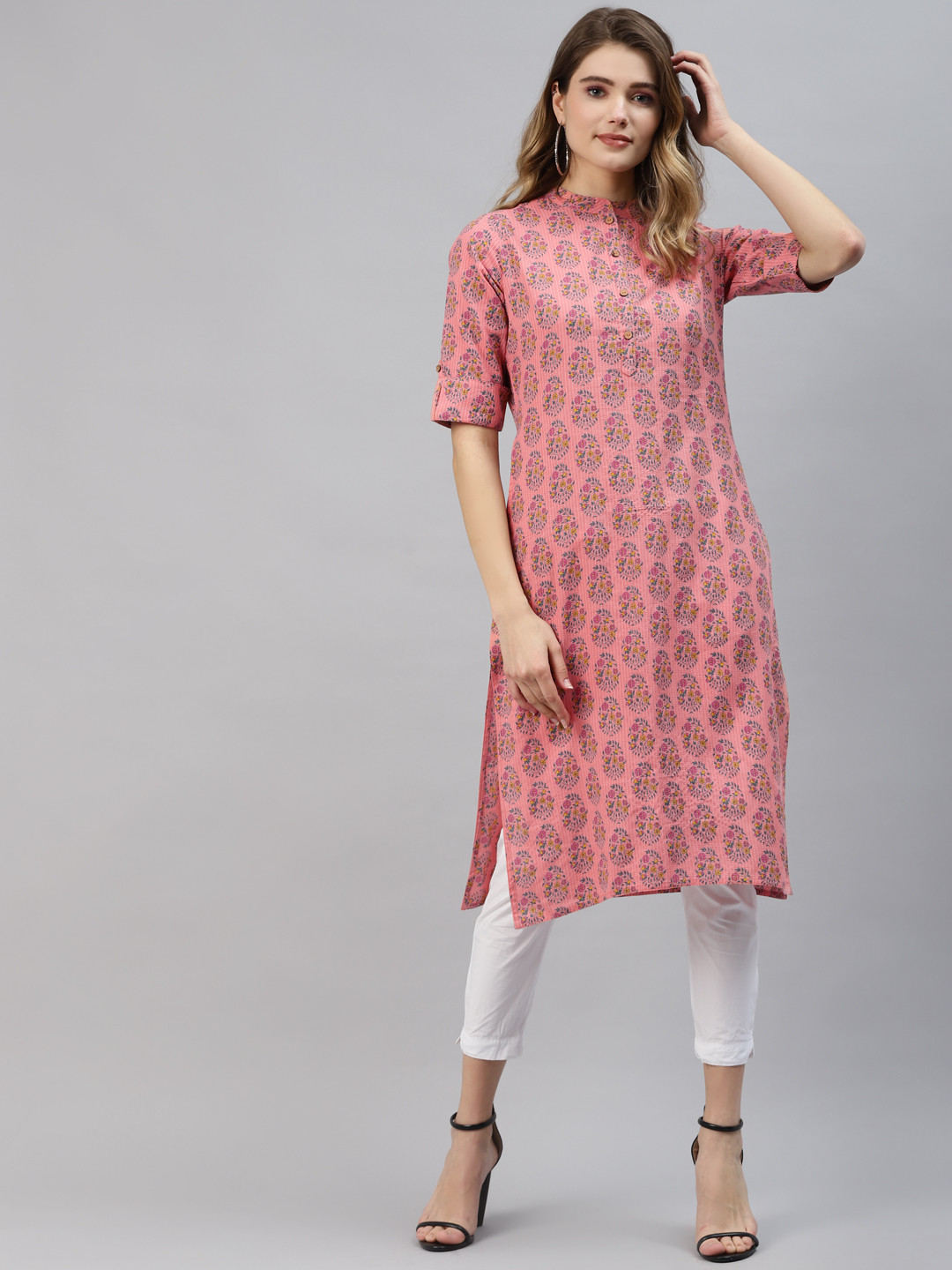 

Divena Women Pink & Green Ethnic Motifs Printed Cotton Kurta