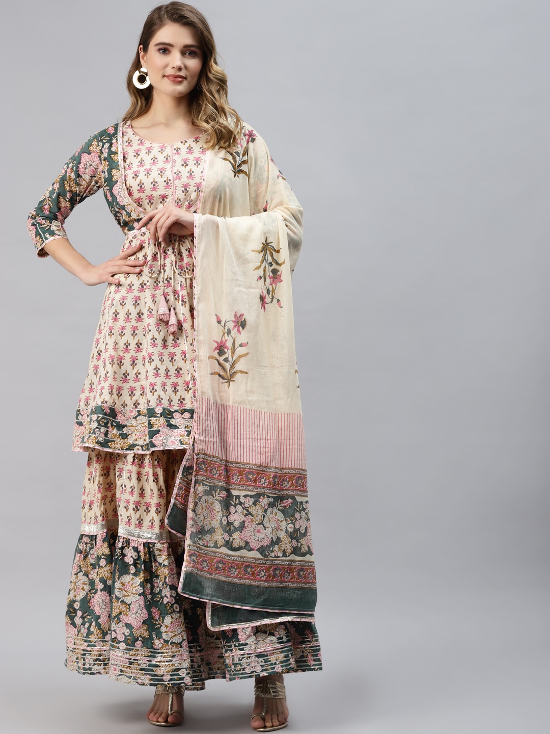 

Divena Women Cream Ethnic Motifs Layered Gotta Patti Cotton Kurta with Sharara & Dupatta