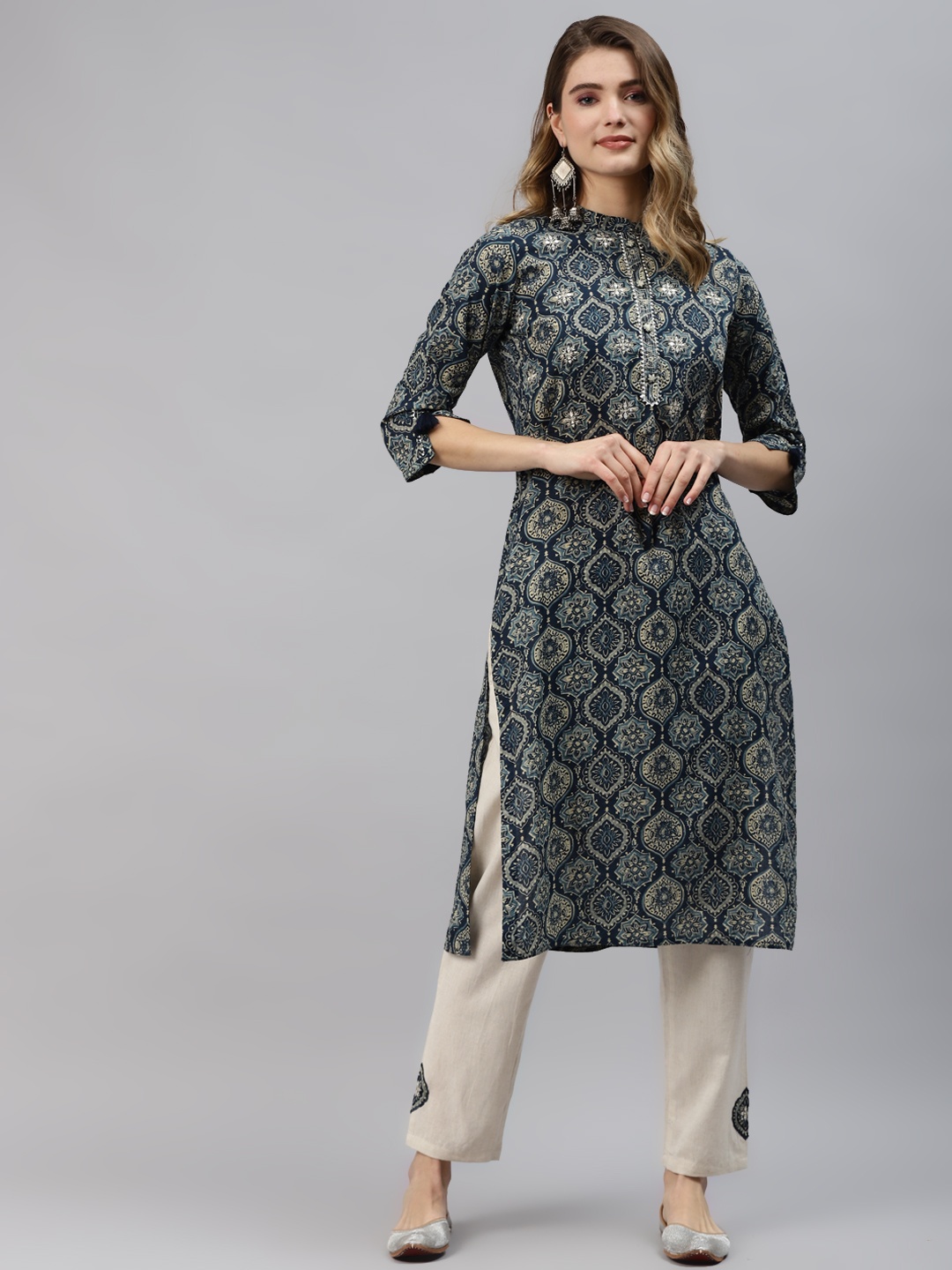 

Divena Women Blue Ethnic Motifs Printed Mirror Work Pure Cotton Kurta with Trousers