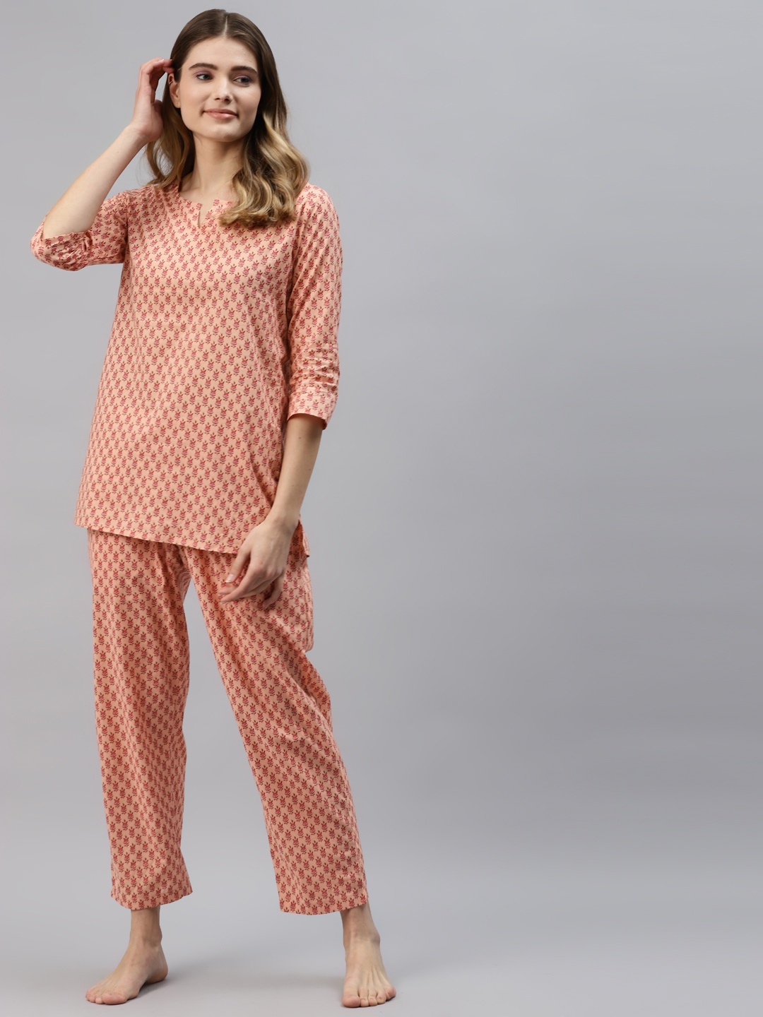 

Divena Women Peach-Coloured & Pink Printed Cotton Night suit