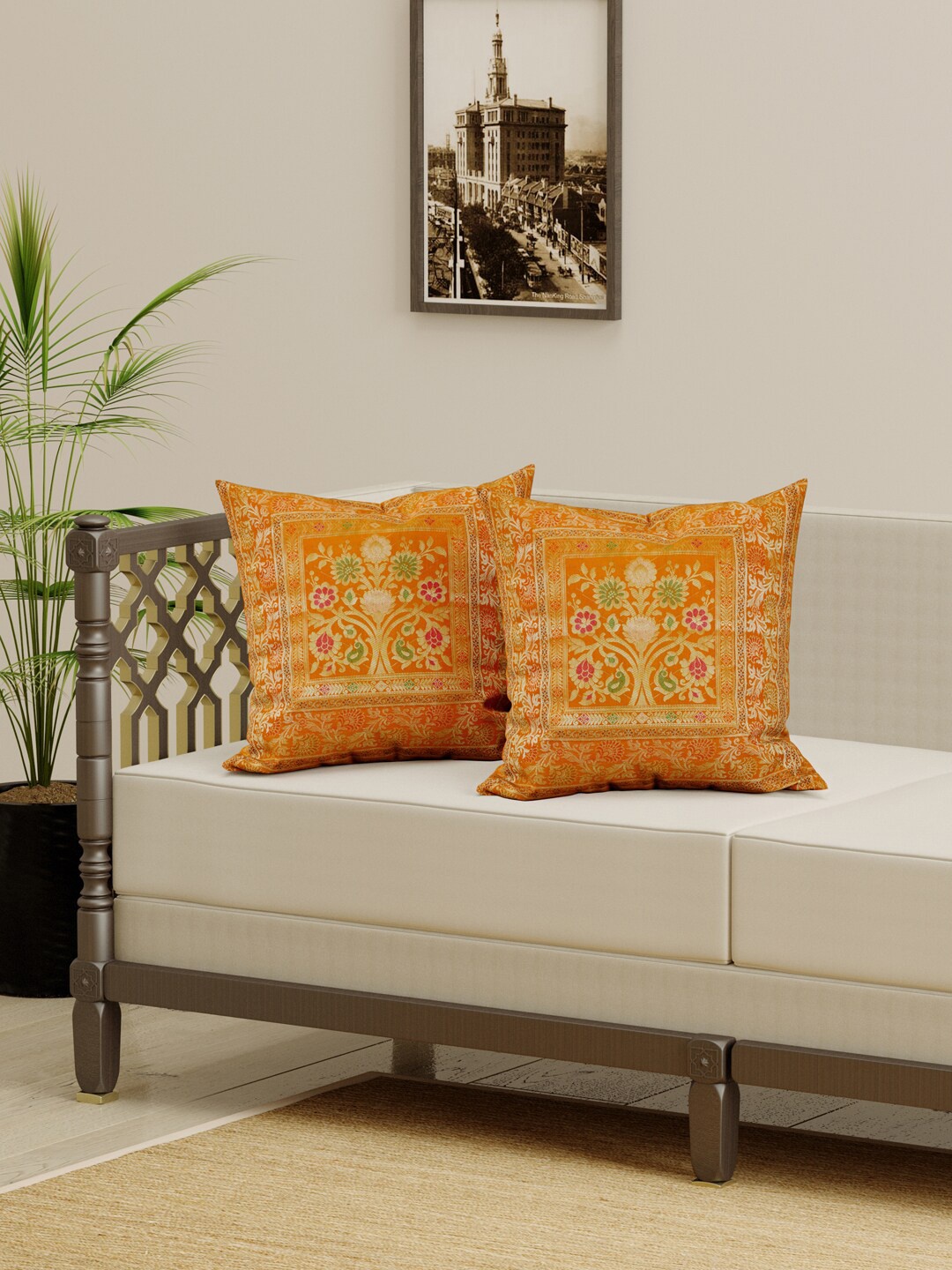 

Gulaab Jaipur Set Of 2 Orange & Green Ethnic Motifs Brocade Square Cushion Covers