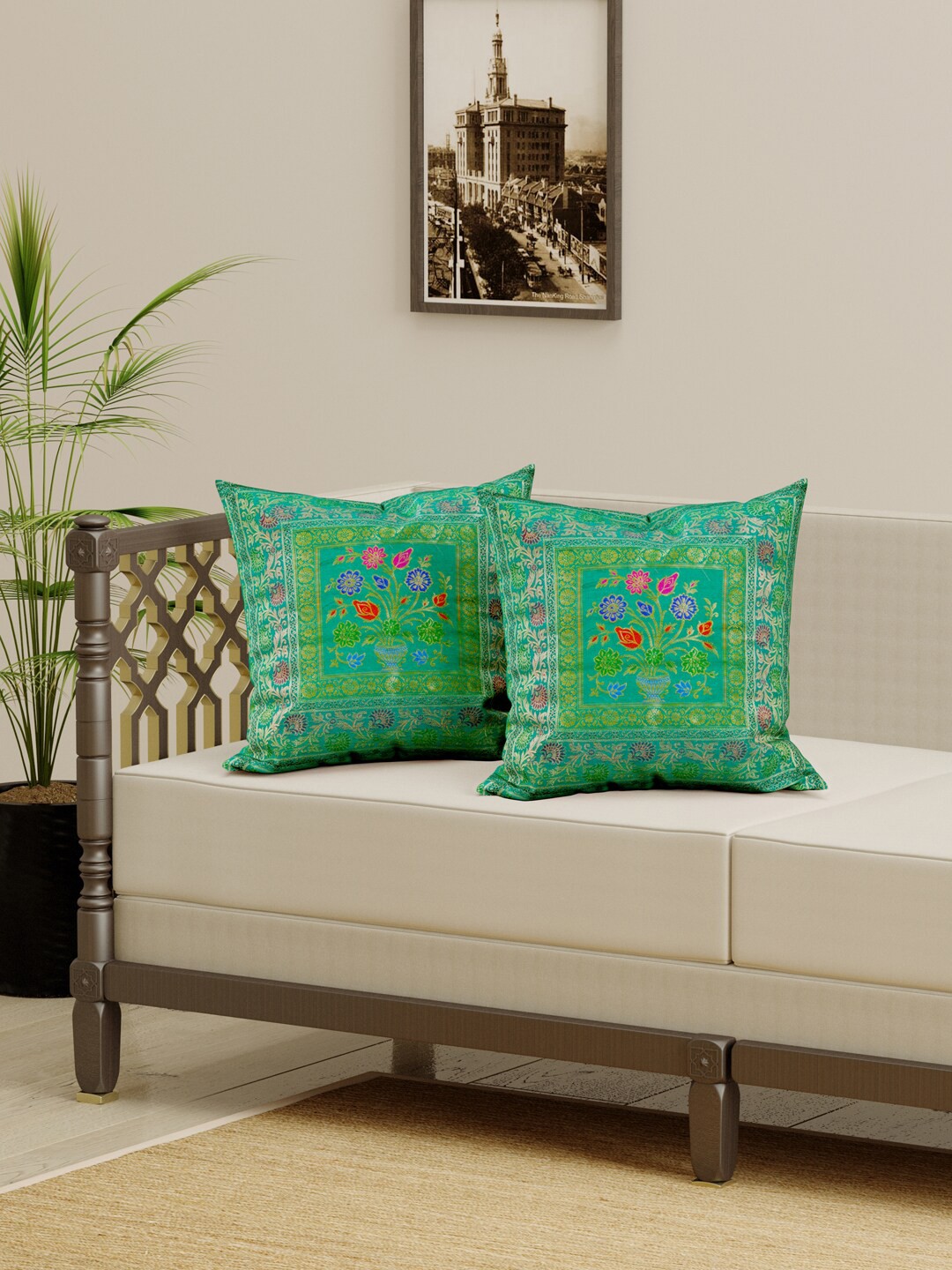 

Gulaab Jaipur Set of 2 Green & Blue Floral Rectangle Cushion Covers