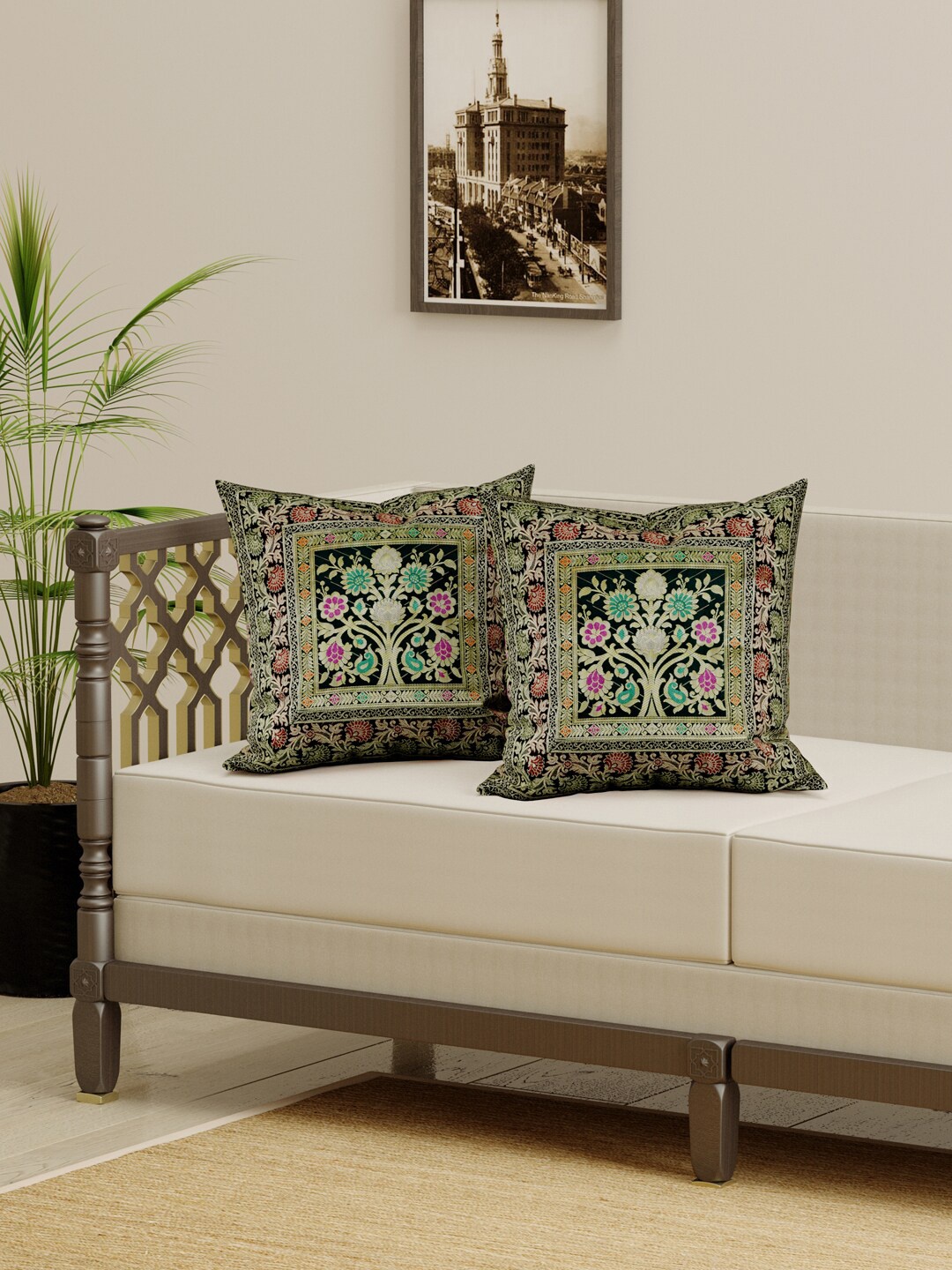 

Gulaab Jaipur Green & Red Set of 2 Ethnic Motifs Square Cushion Covers