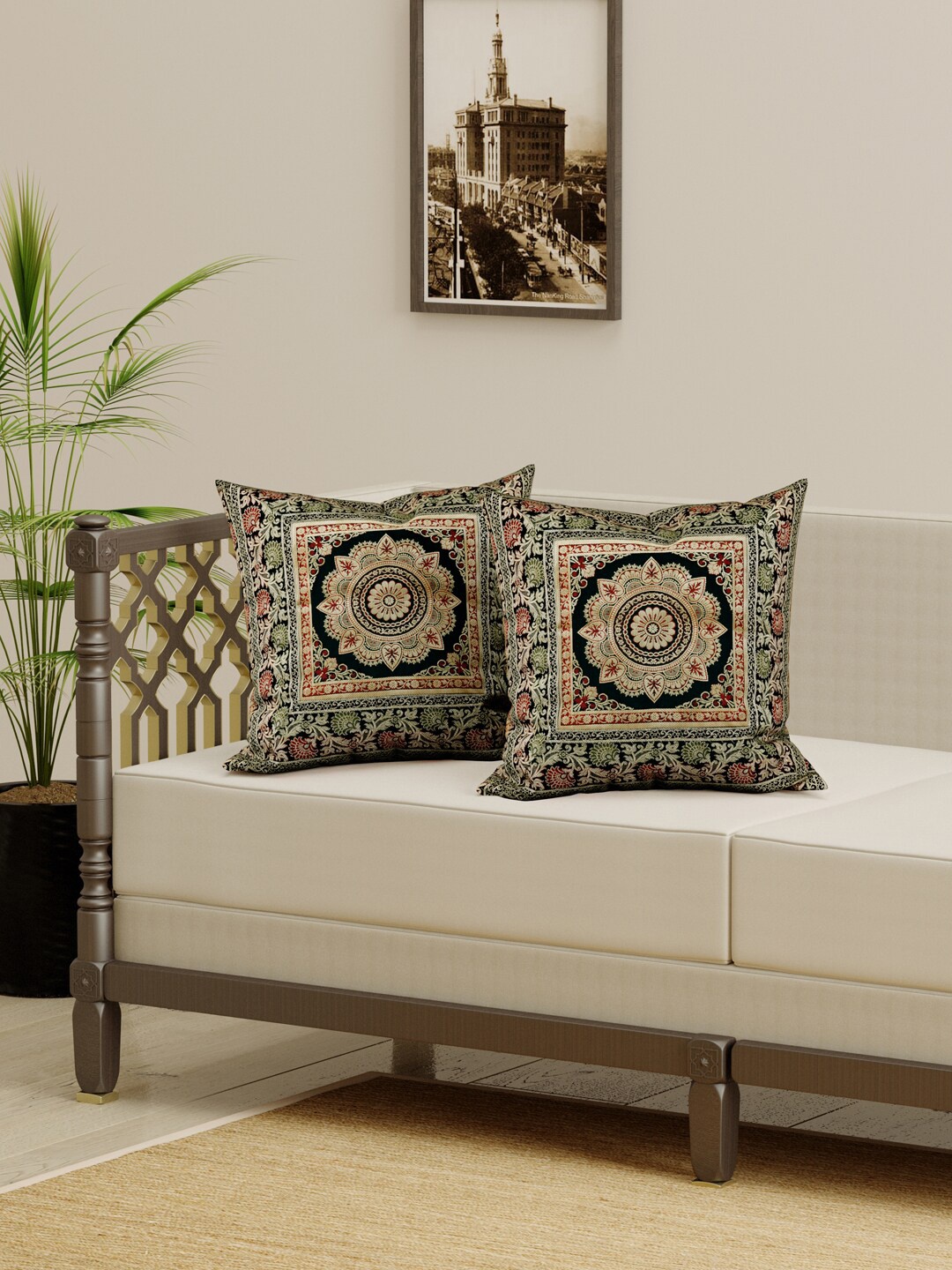 

Gulaab Jaipur Green & Red Set of 2 Ethnic Motifs Square Cushion Covers