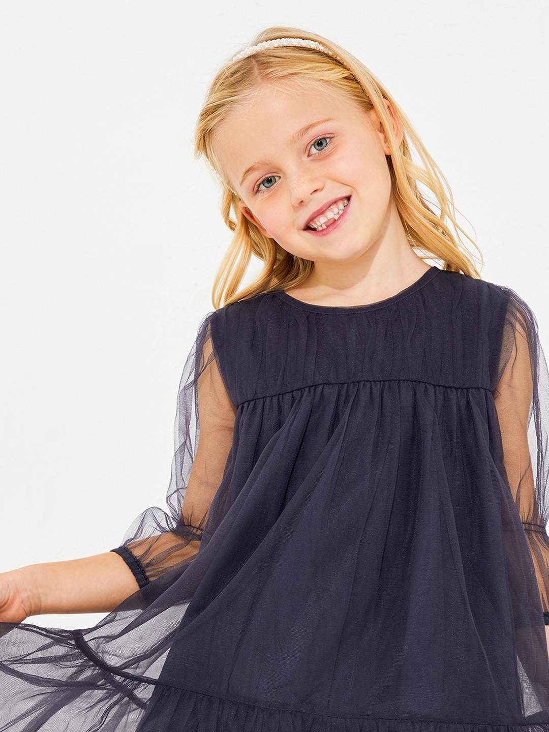 

Cherry Crumble Navy Blue Layered Net A-Line Dress
