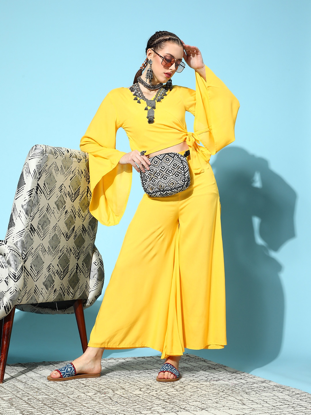 

InWeave Women Bright Yellow Solid Top with Palazzos