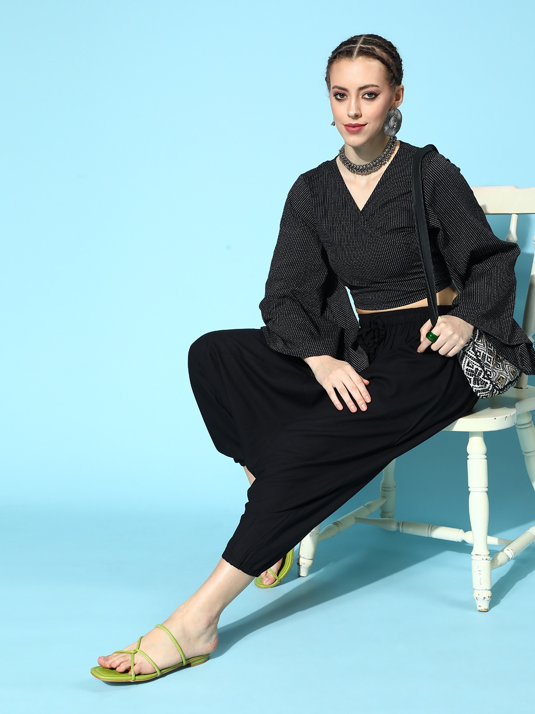 

InWeave Women Stylish Black Striped Top with Solid Palazzos