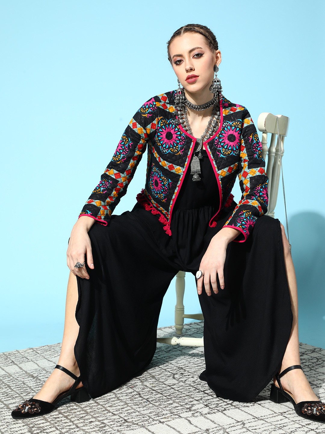 

InWeave Women Stylish Black Solid Top with Palazzos