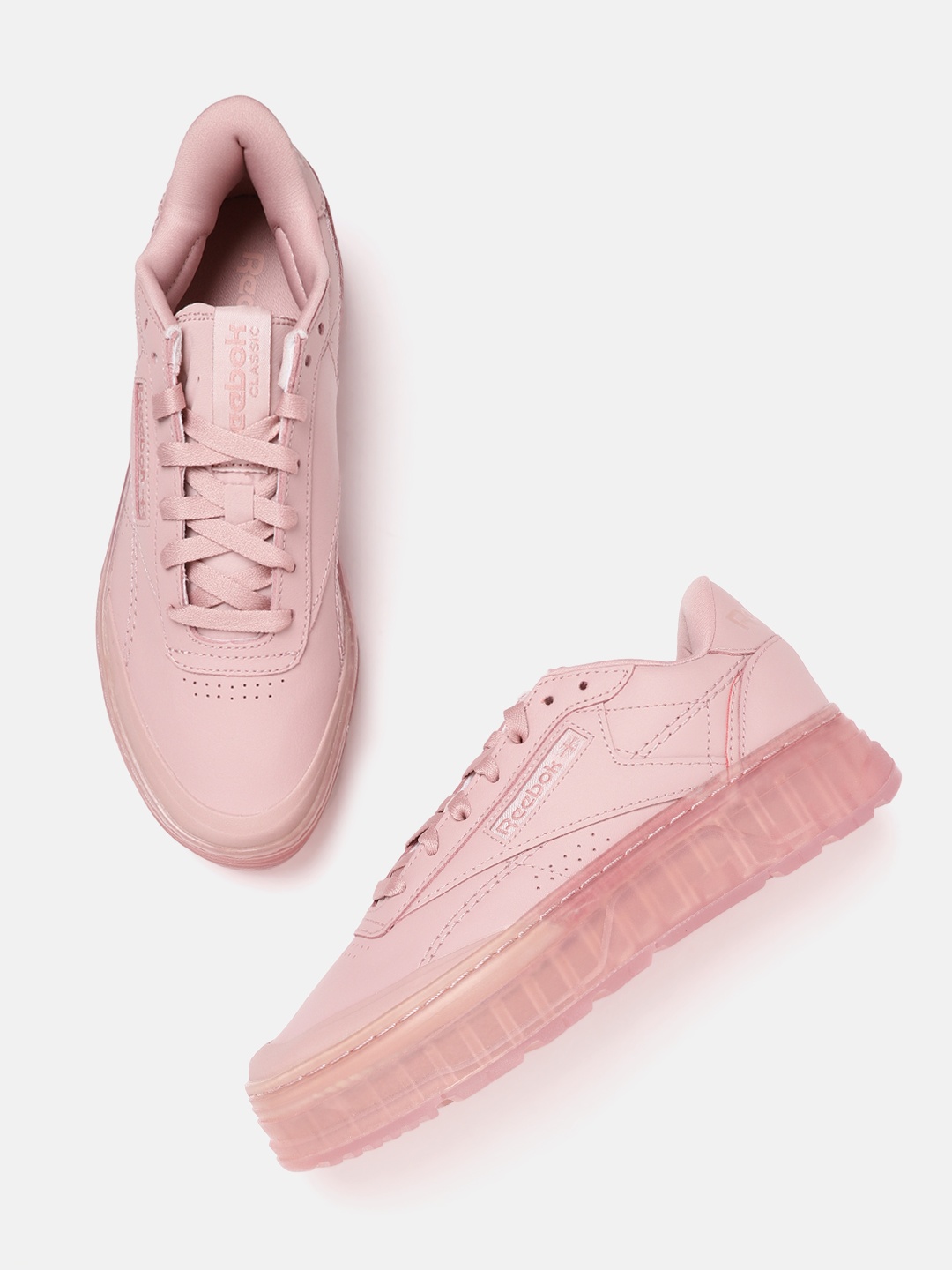 

Reebok Classic Women Pink Perforated Club C Double GEO Leather Flatform Sneakers