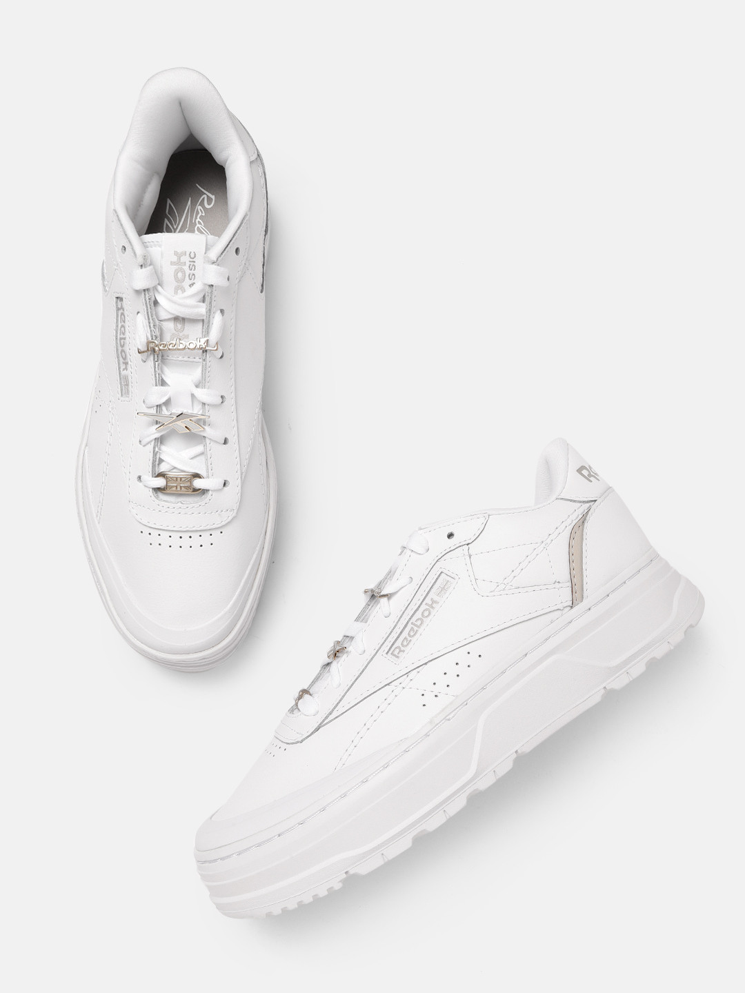 

Reebok Classic Women White Club C Double GEO Leather Perforated Sneakers with Shoe Charms