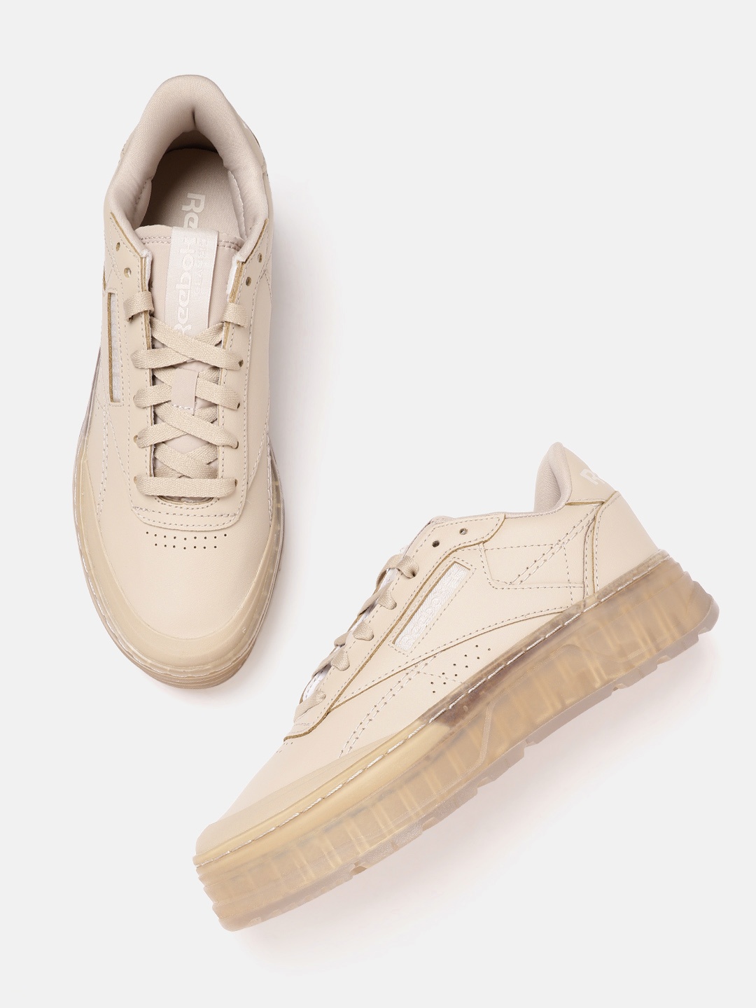 

Reebok Classic Women Beige Perforated Club C Double GEO Leather Flatform Sneakers