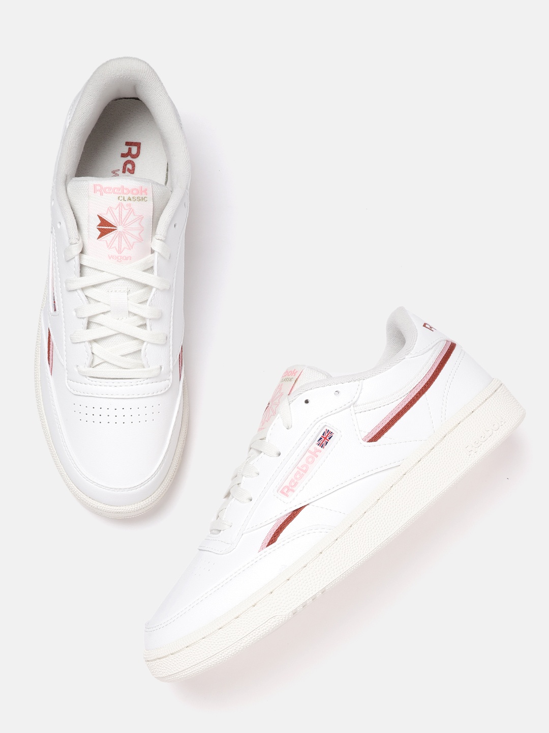

Reebok Classic Women White & Pink Striped Leather Club C 85 Perforated Sneakers