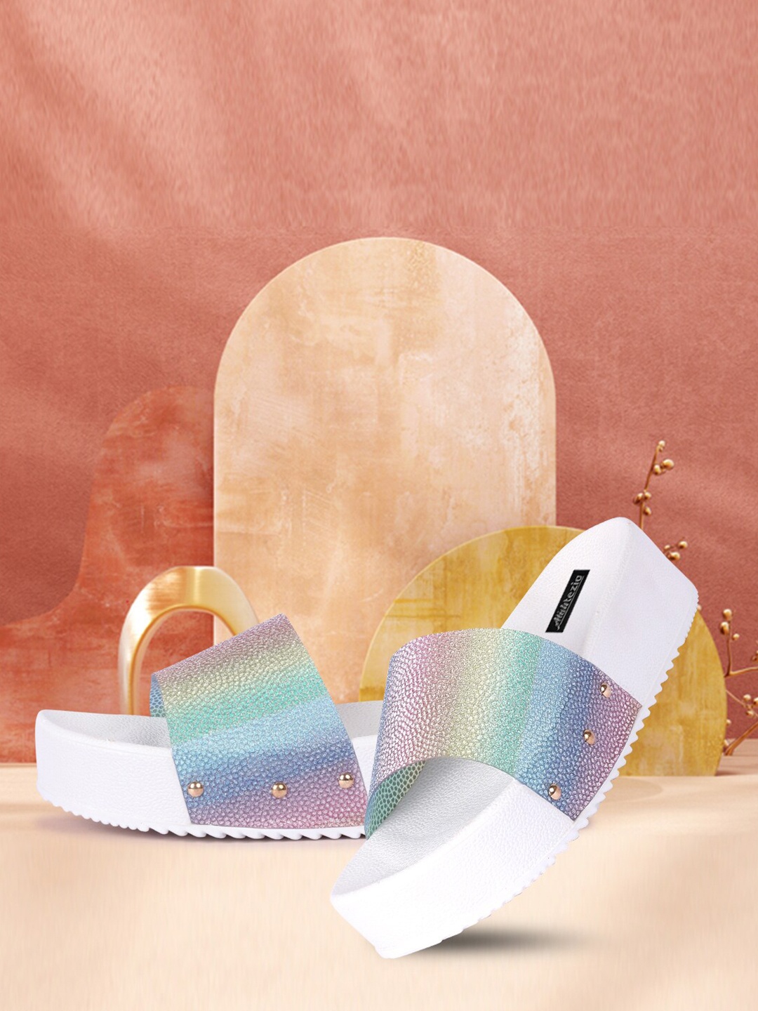 

Alishtezia Women White & Blue PU Sliders