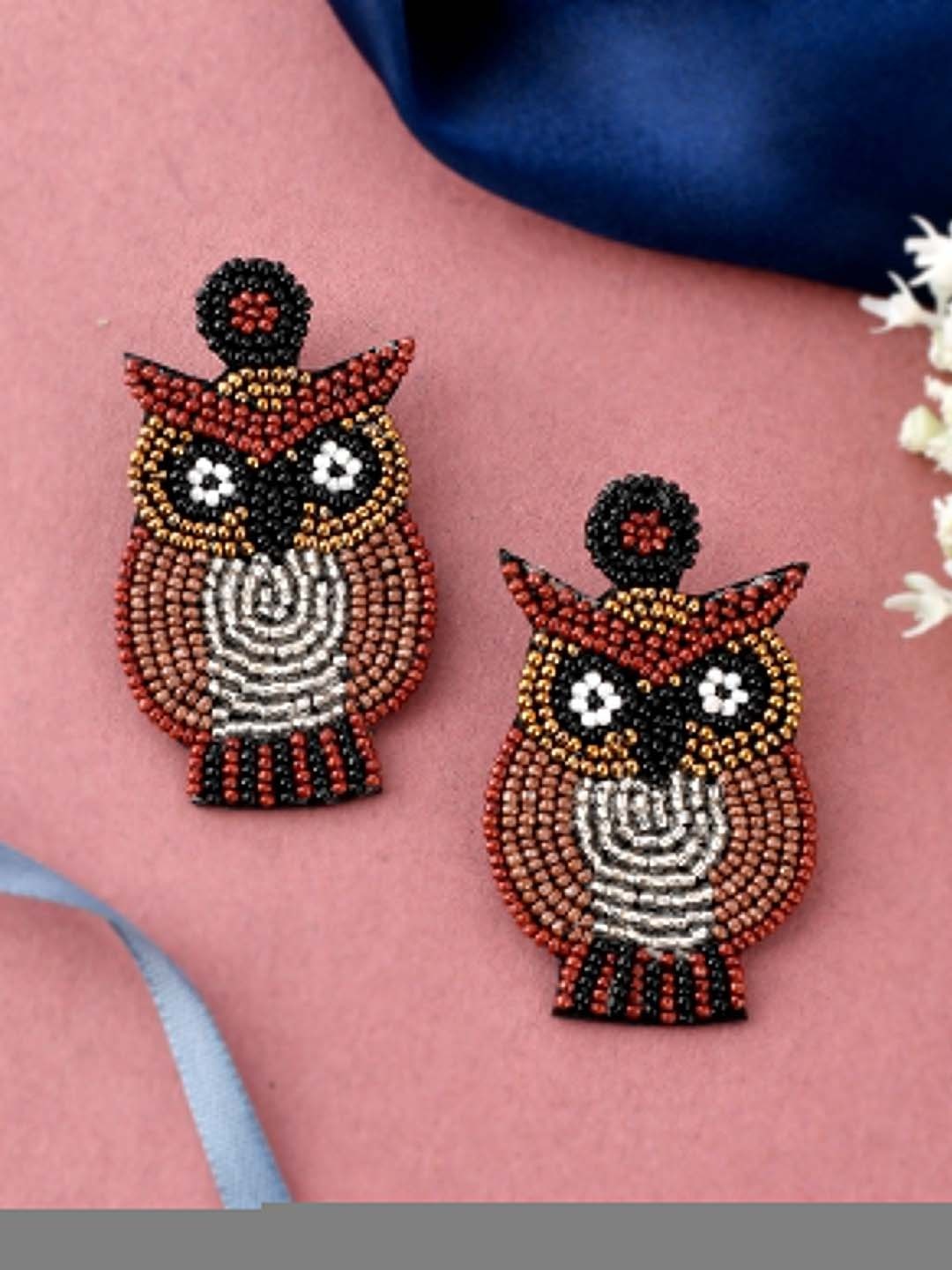 

Shoshaa Brown Handcrafted Owl Shaped Beaded Drop Earrings