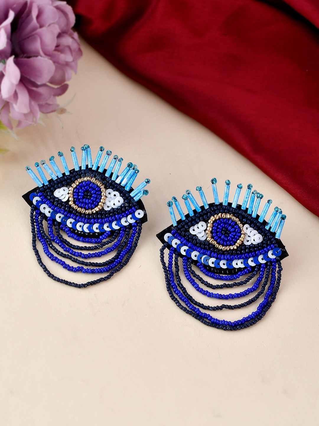 

Shoshaa Blue Handcrafted Beaded Evil Eye Drop Earrings