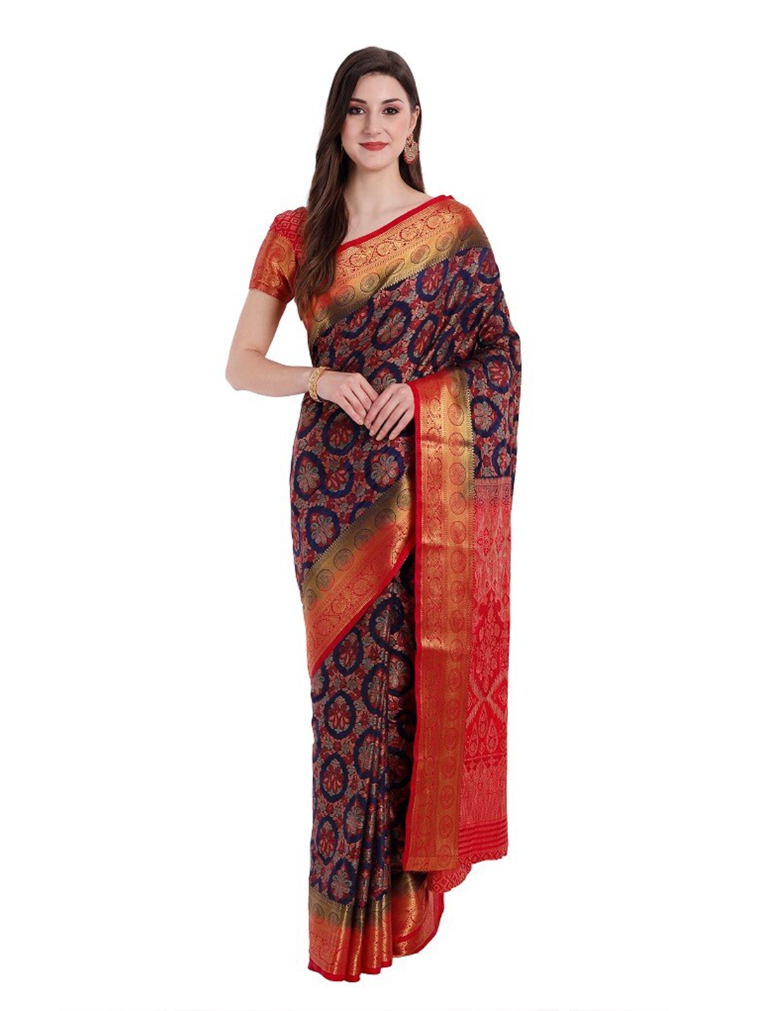 

PERFECTBLUE Navy Blue & Gold-Toned Woven Design Zari Art Silk Kanjeevaram Saree