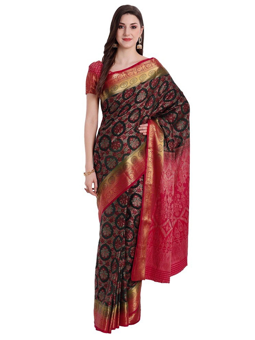 

PERFECTBLUE Black & Pink Woven Design Zari Art Silk Kanjeevaram Saree