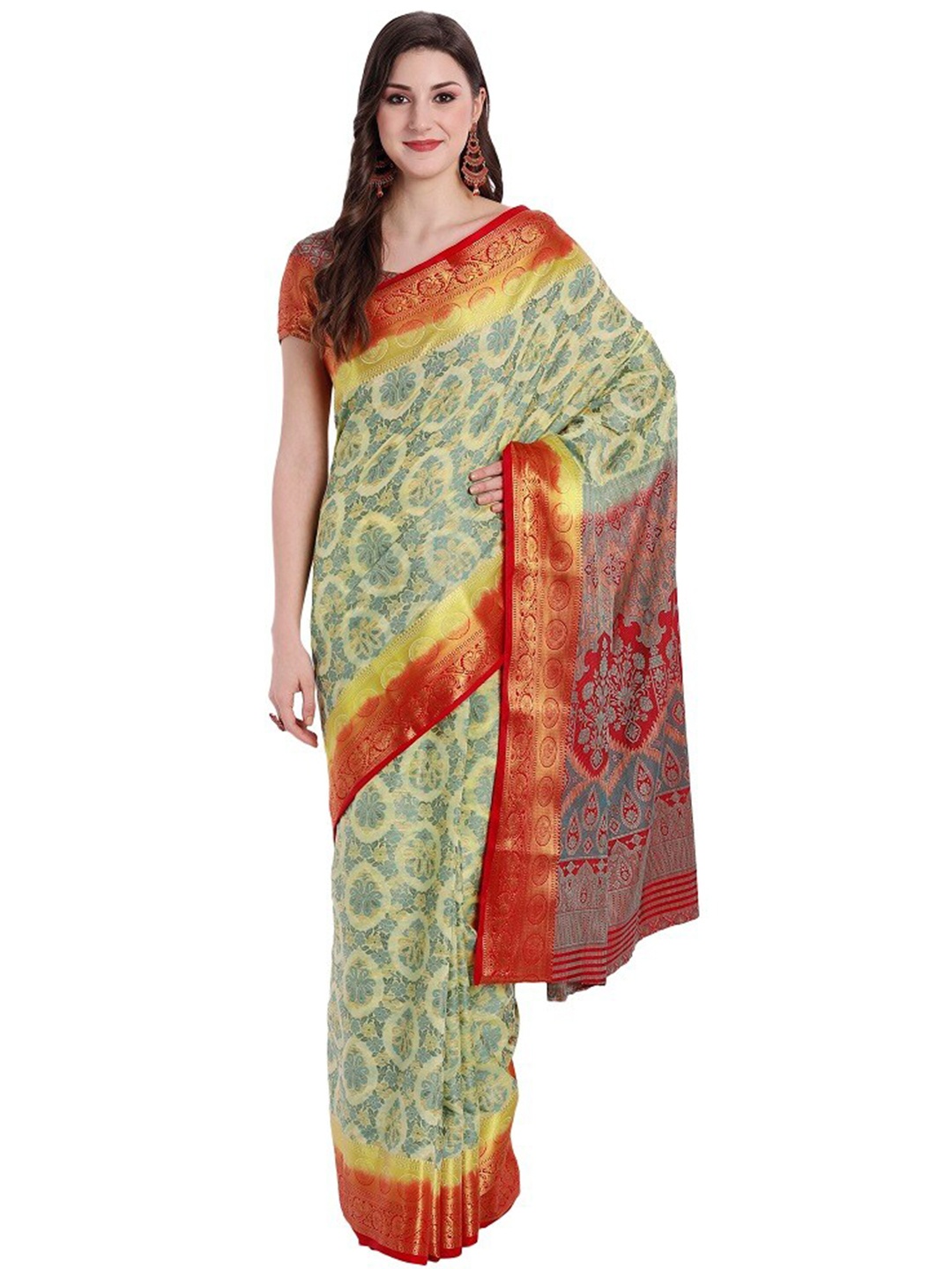 

PERFECTBLUE Lime Green & Red Woven Design Zari Art Silk Kanjeevaram Saree