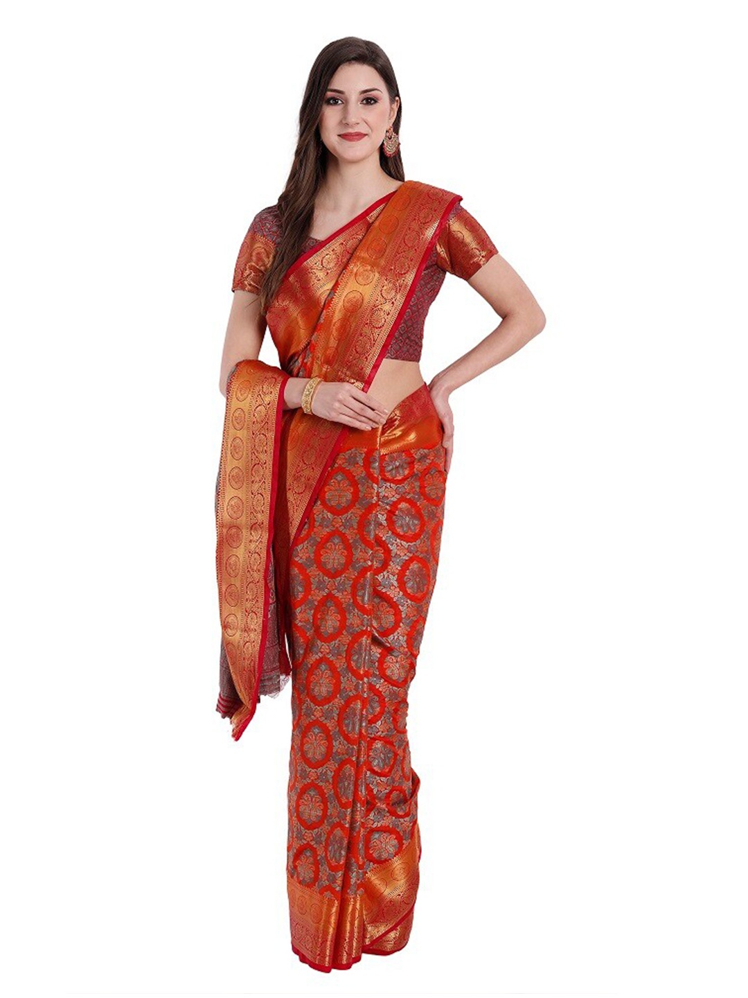 

PERFECTBLUE Orange & Gold-Toned Woven Design Zari Art Silk Kanjeevaram Saree