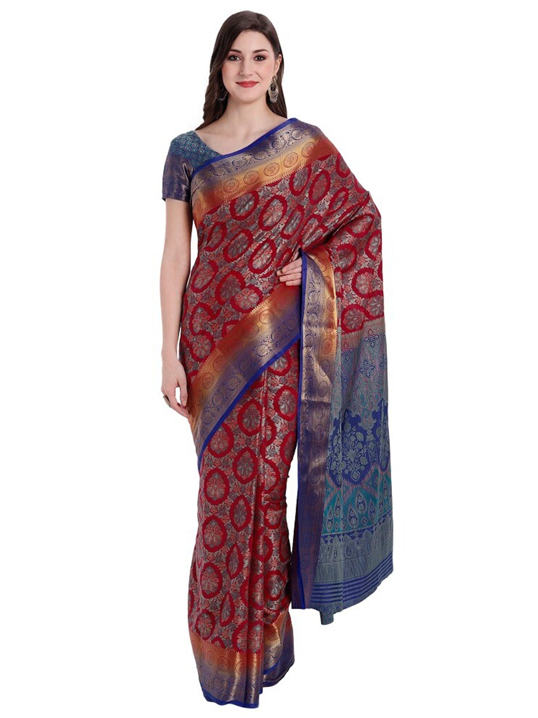 

PERFECTBLUE Maroon & Blue Ethnic Motifs Zari Art Silk Kanjeevaram Saree