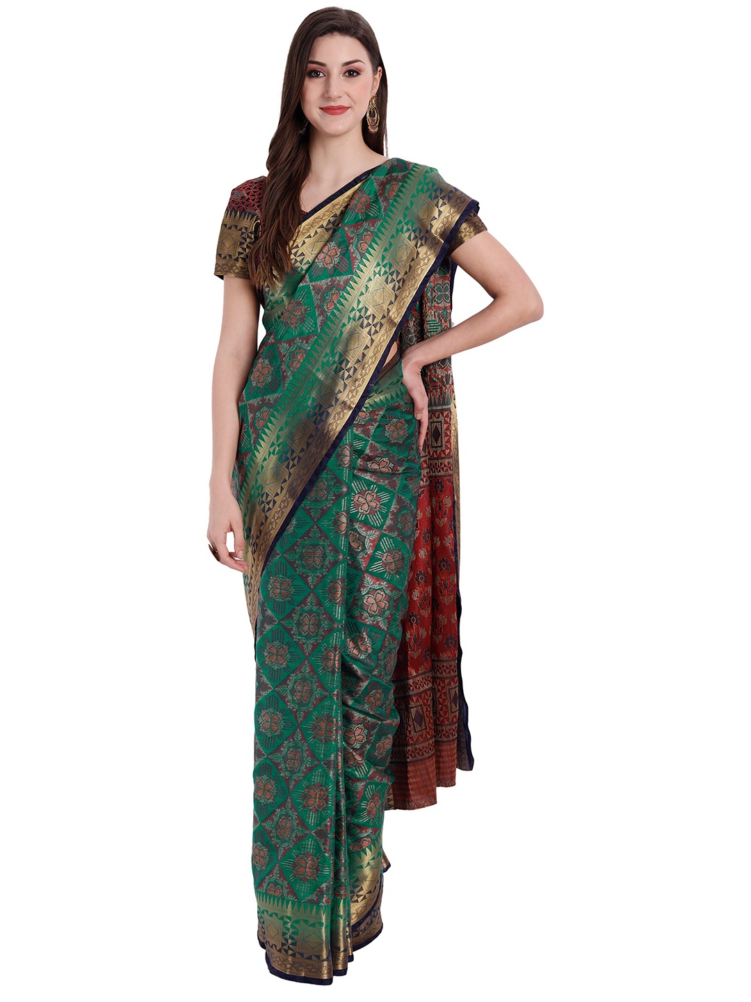 

PERFECTBLUE Teal & Gold-Toned Ethnic Motifs Zari Art Silk Kanjeevaram Saree