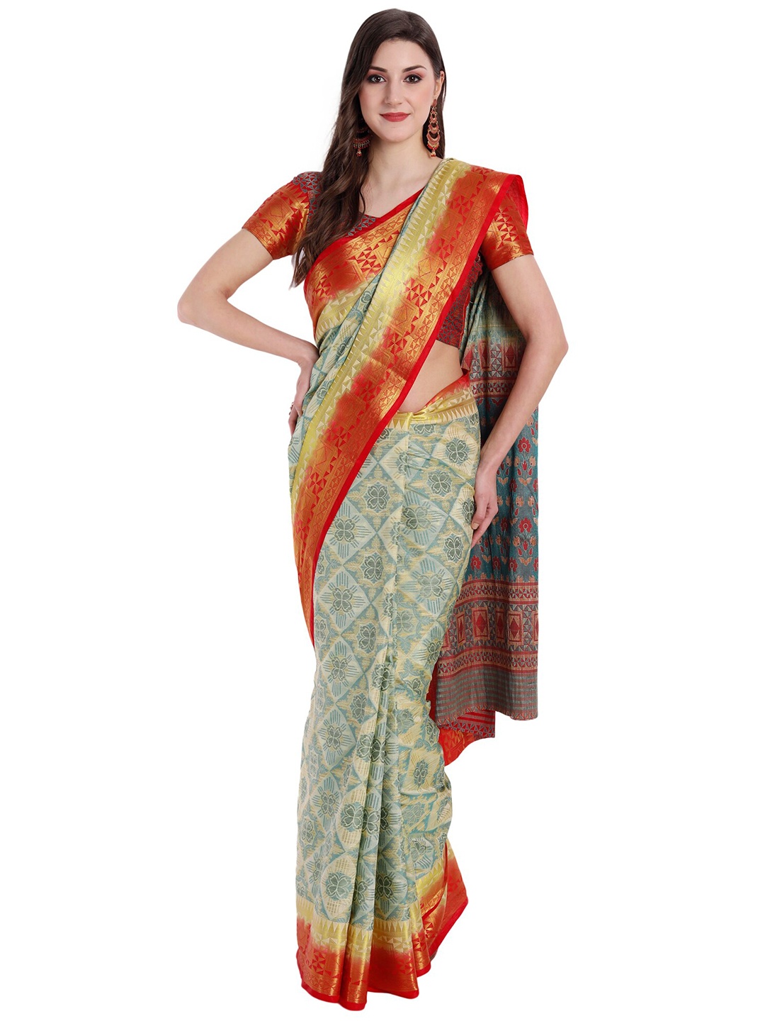 

PERFECTBLUE Green & Gold-Toned Woven Design Zari Art Silk Kanjeevaram Saree