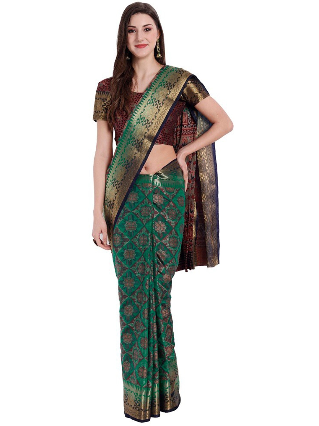 

PERFECTBLUE Green & Blue Ethnic Motifs Zari Art Silk Kanjeevaram Saree