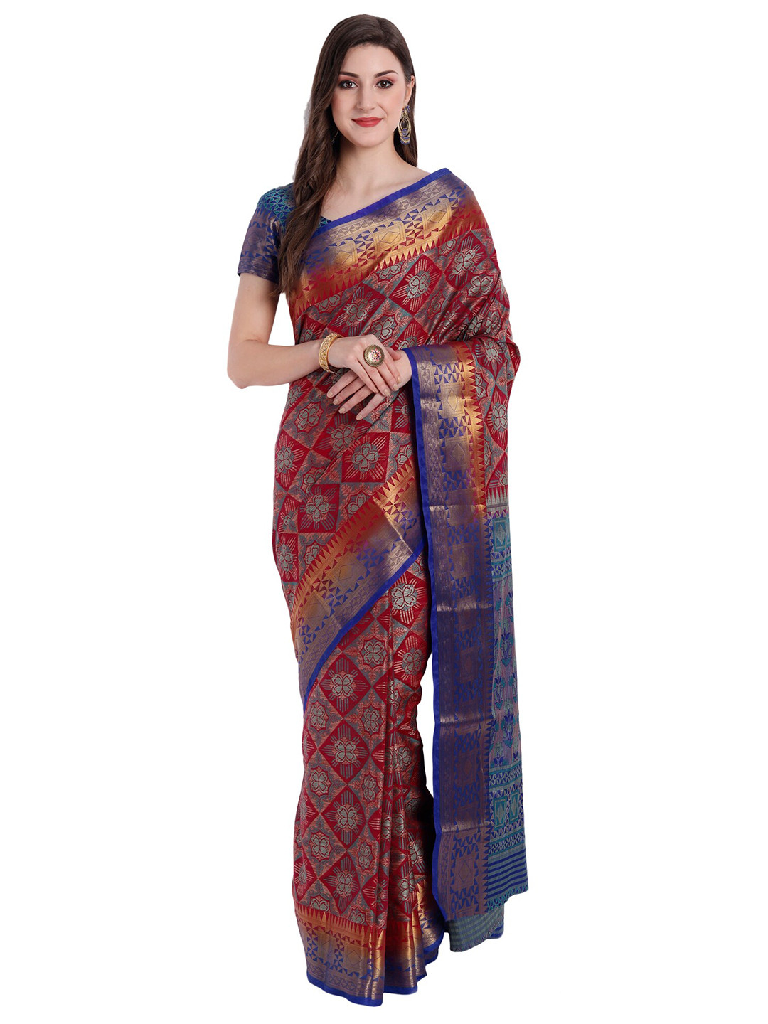 

PERFECTBLUE Red & Blue Woven Design Zari Art Silk Kanjeevaram Saree