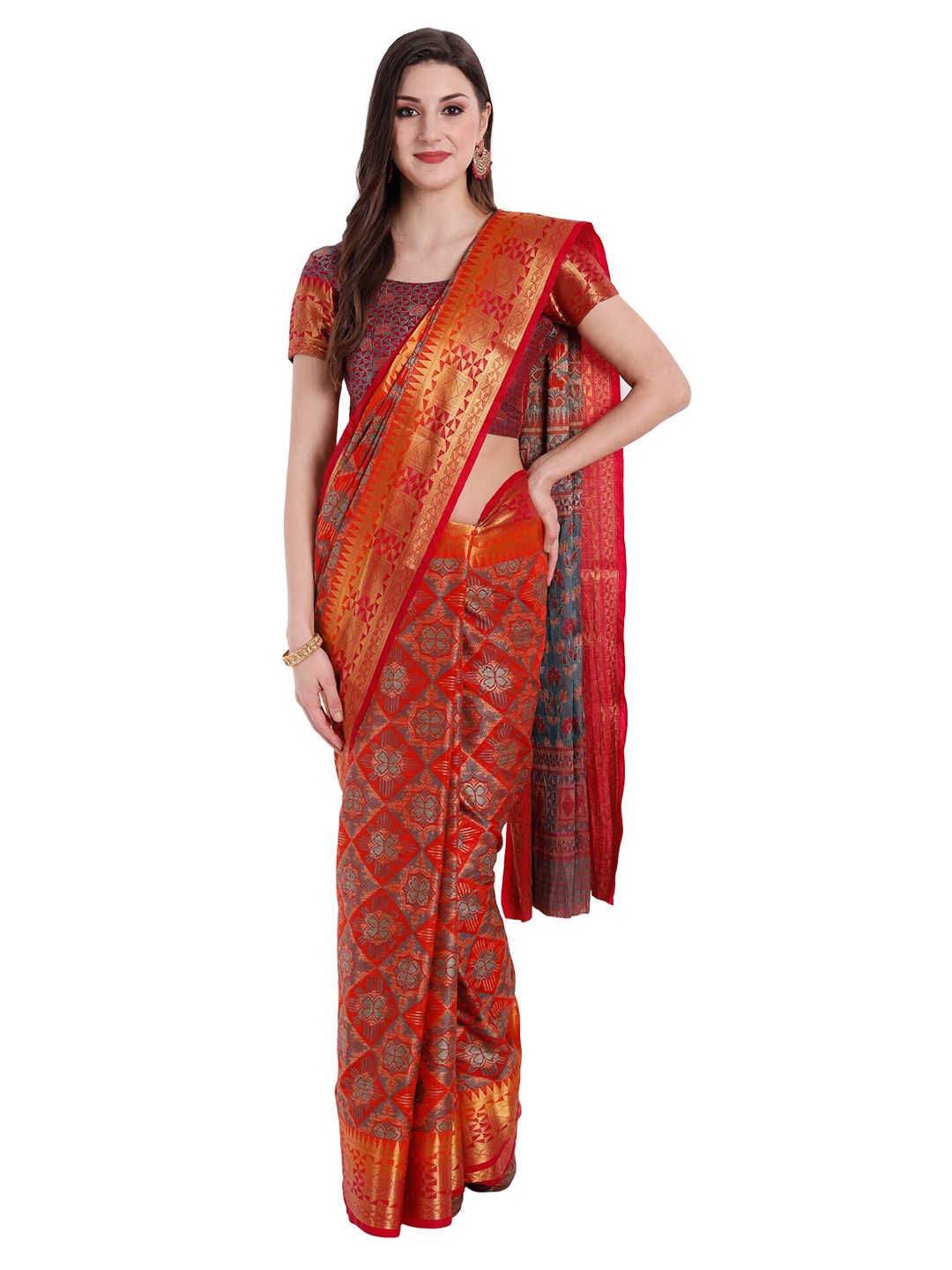 

PERFECTBLUE Orange & Grey Woven Design Zari Art Silk Kanjeevaram Saree