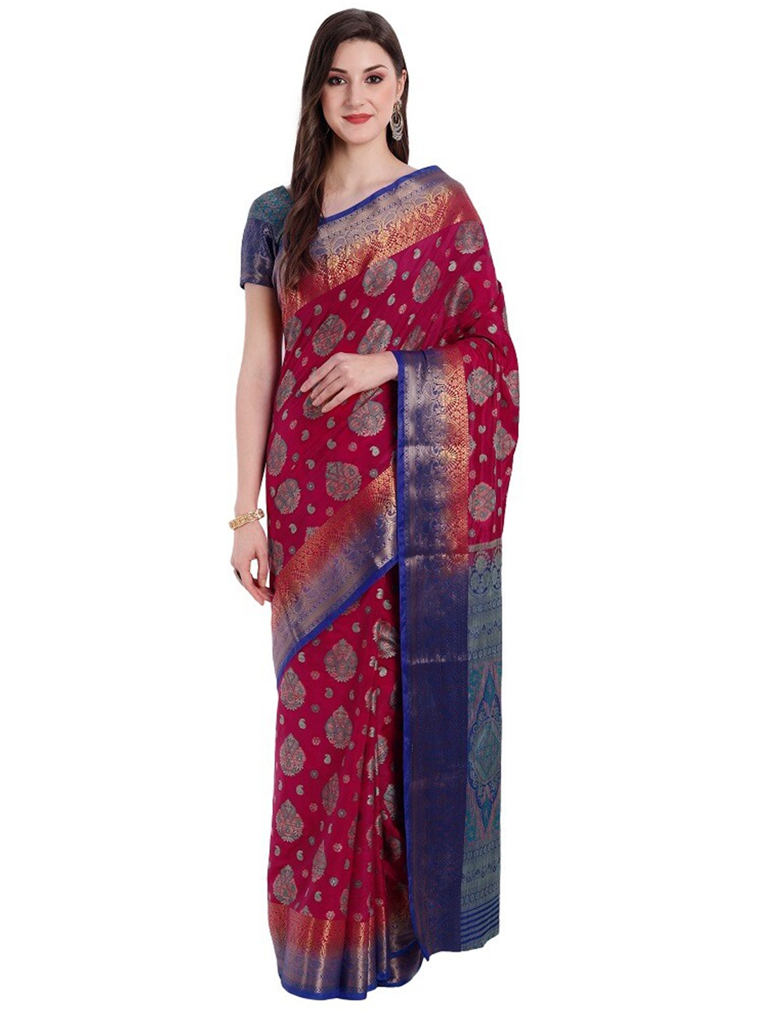 

PERFECTBLUE Pink & Blue Woven Design Zari Art Silk Kanjeevaram Saree