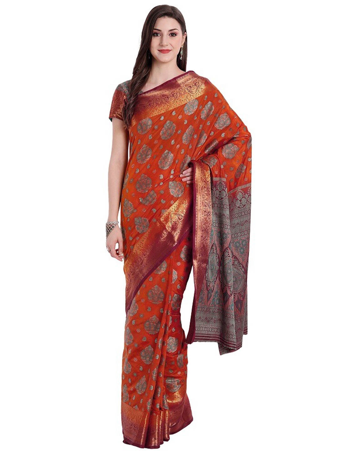 

PERFECTBLUE Orange & Grey Ethnic Motifs Zari Art Silk Kanjeevaram Saree