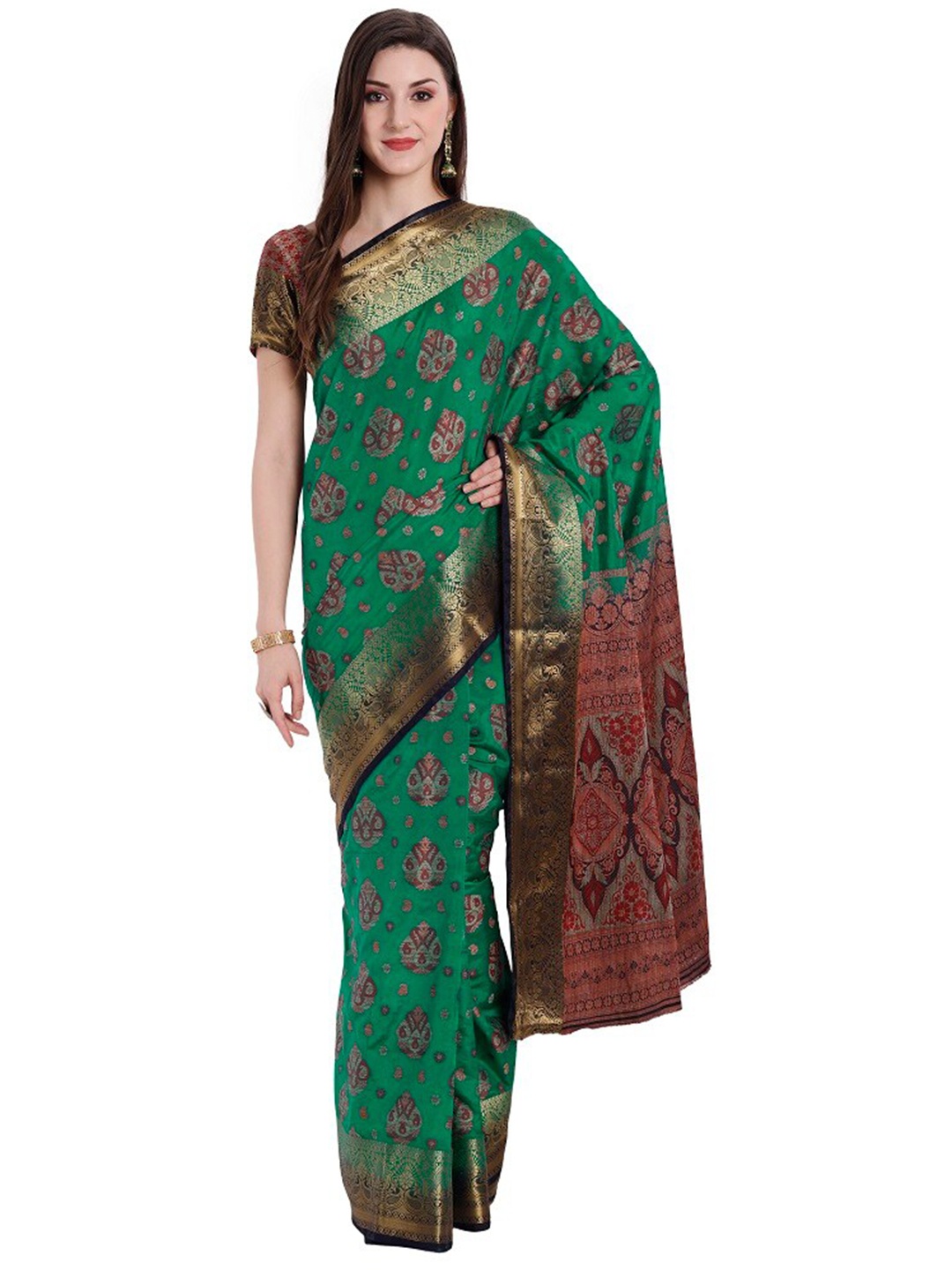 

PERFECTBLUE Green & Maroon Woven Design Kanjivaram Silk Saree