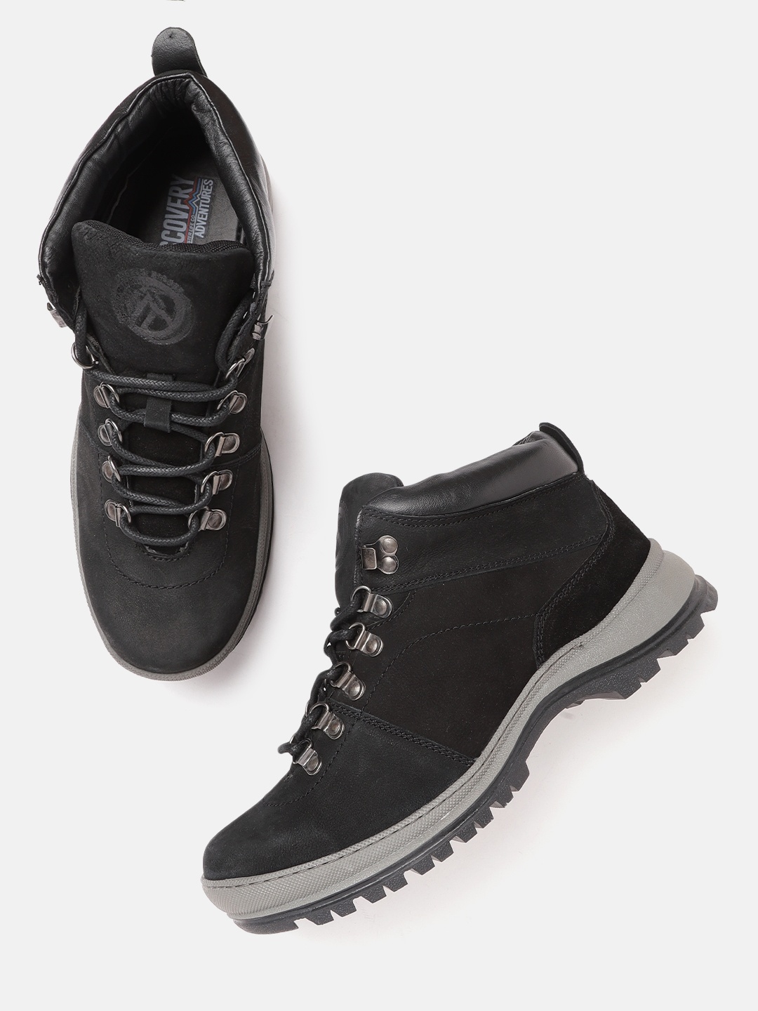 

The Roadster Lifestyle Co Men Discovery Black Leather Mid Top Trekking Shoes