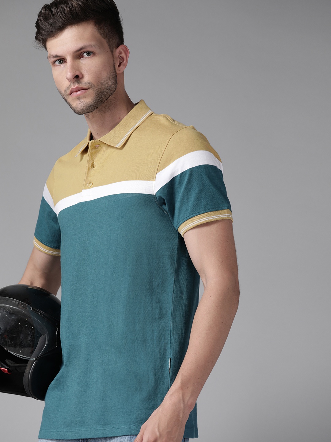 

Roadster Men Teal Blue & Khaki Colourblocked Polo Collar Pure Cotton T-shirt