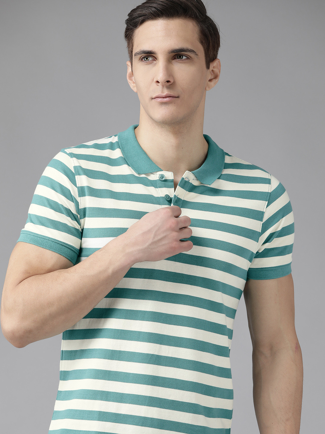

Roadster Men Blue & Off White Striped Polo Collar Pure Cotton T-shirt