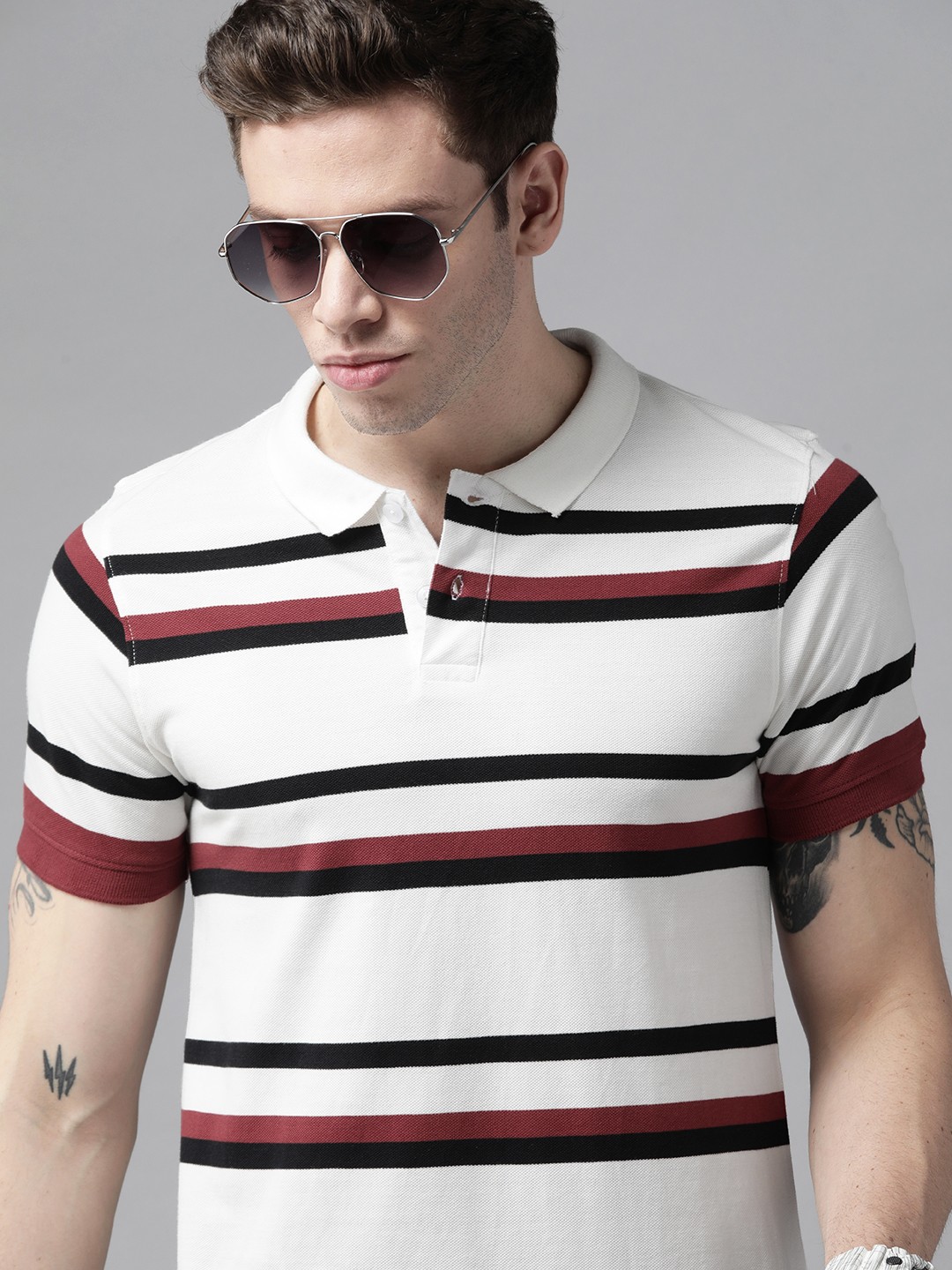 

Roadster Men White & Red Striped Polo Collar Pure Cotton T-shirt