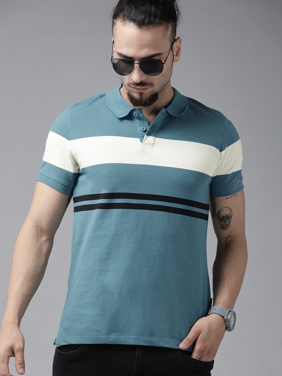 

Roadster Men Blue & Off White Striped Polo Collar Pure Cotton T-shirt