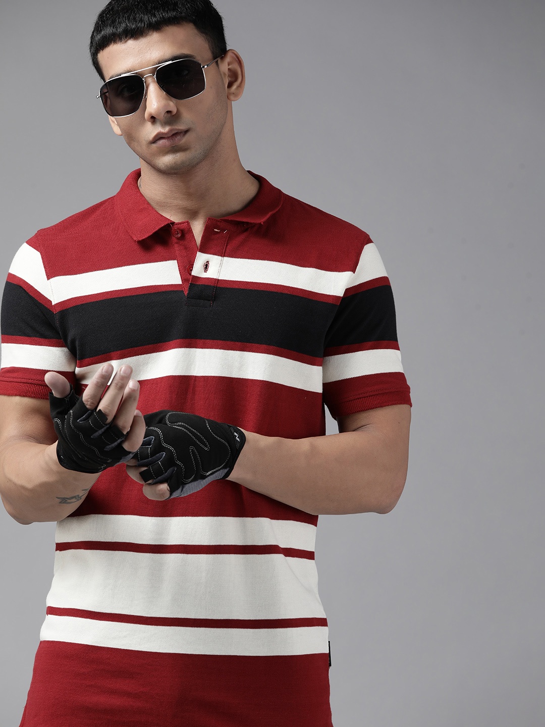 

Roadster Men Red & Off White Striped Polo Collar Pure Cotton T-shirt