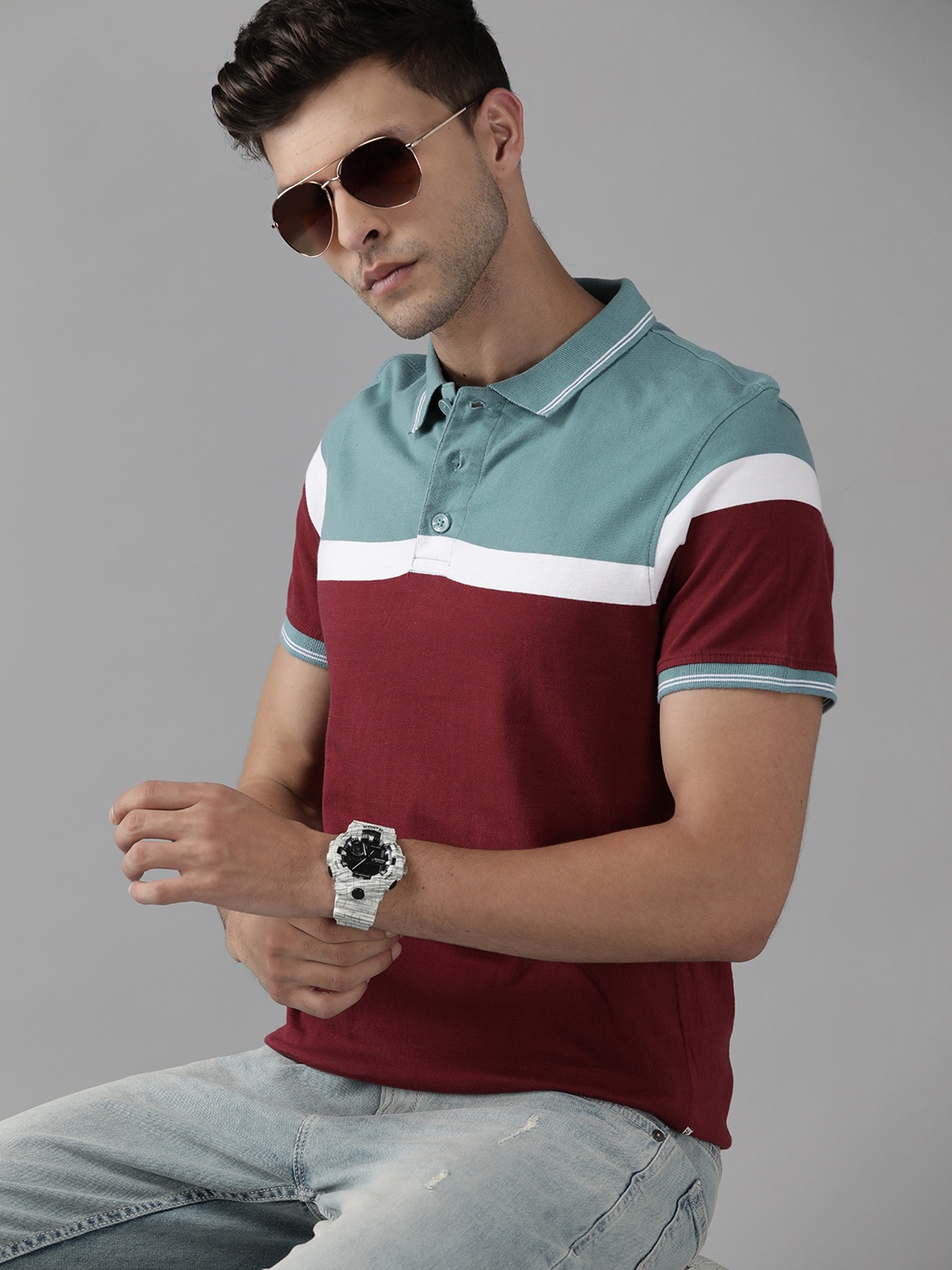 

Roadster Men Maroon & Blue Colourblocked Polo Collar Pure Cotton T-shirt