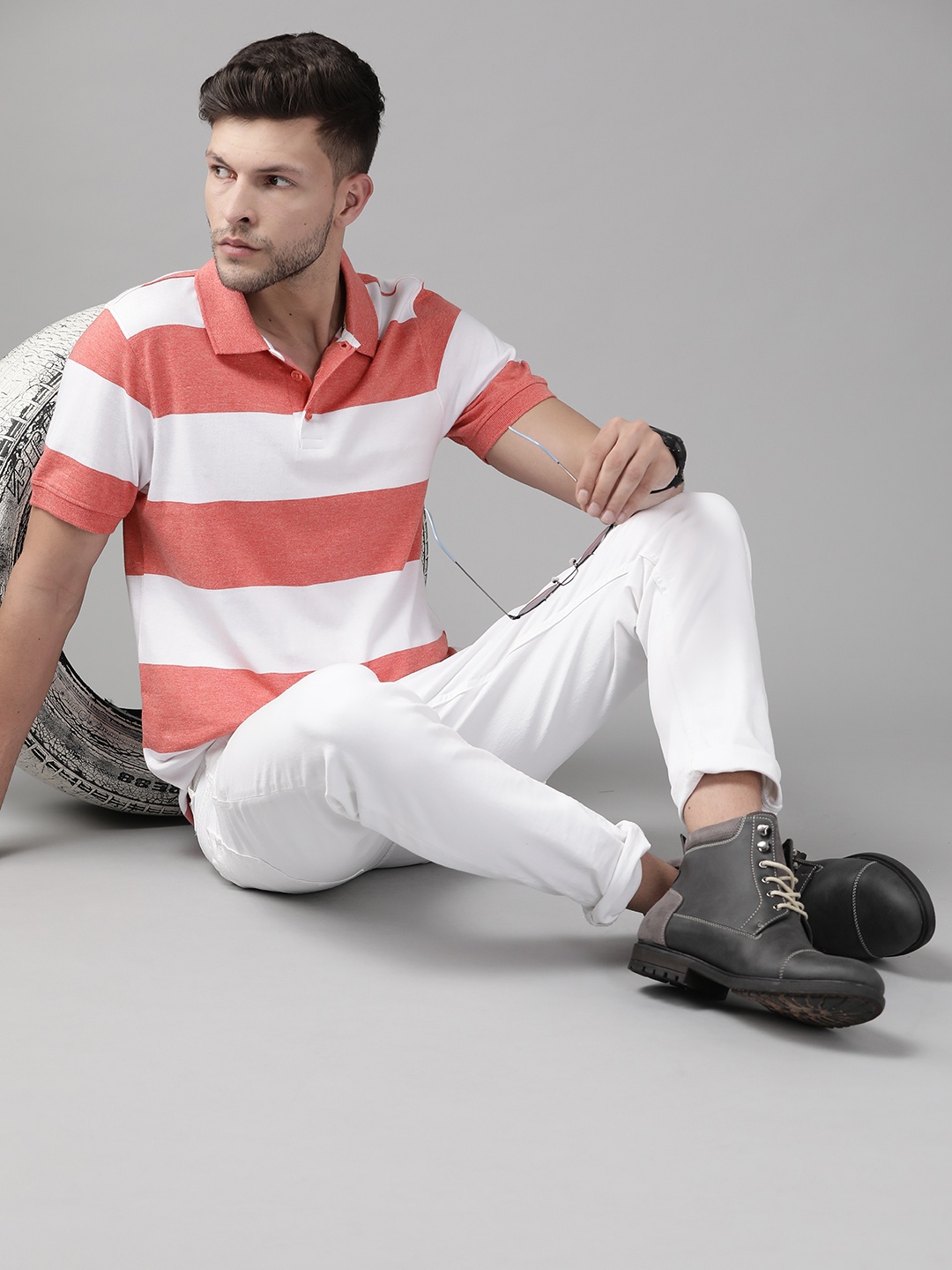 

Roadster Men Coral Red & White Striped Polo Collar T-shirt