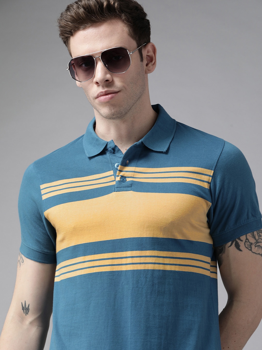 

Roadster Men Blue & Khaki Striped Polo Collar Pure Cotton T-shirt