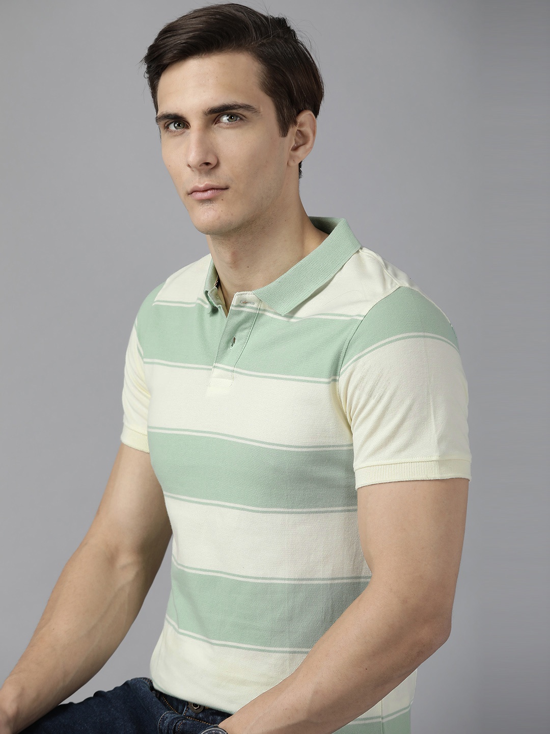 

Roadster Men Green & Yellow Striped Polo Collar Pure Cotton T-shirt