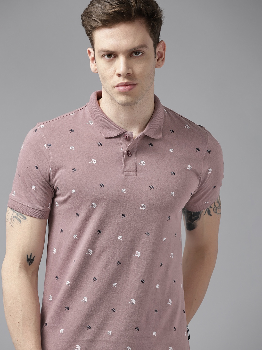 

Roadster Men Mauve & White Printed Polo Collar Pure Cotton T-shirt