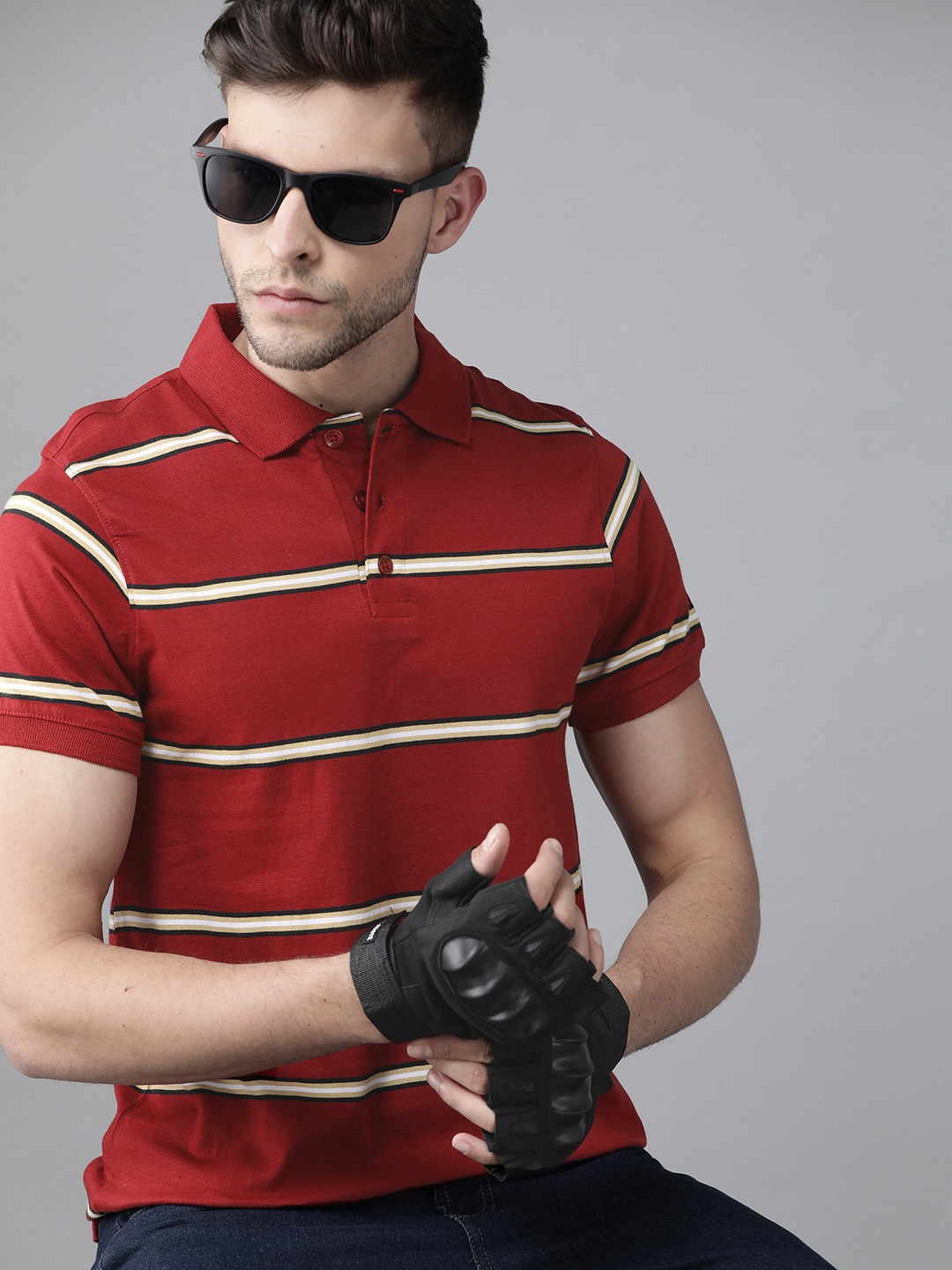 

Roadster Men Maroon & White Striped Polo Collar Pure Cotton T-shirt