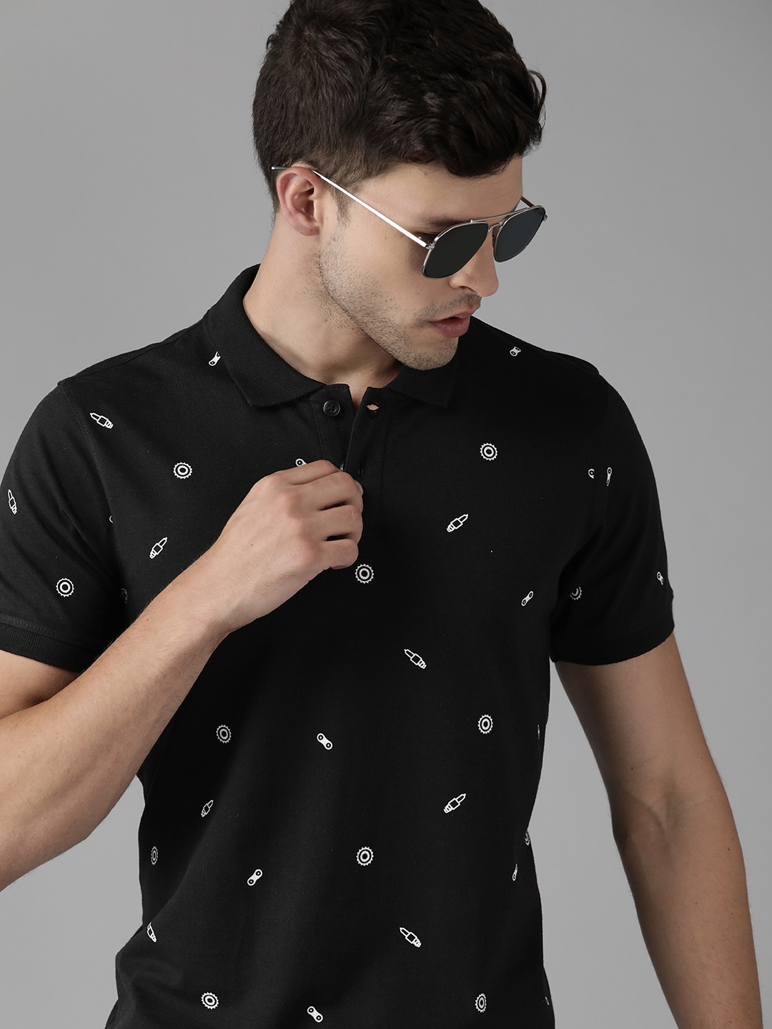 

Roadster Men Black & White Biker Printed Polo Collar Pure Cotton T-shirt