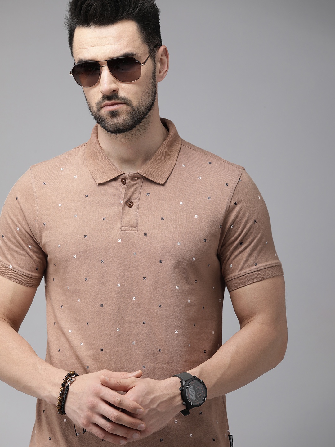 

The Roadster Lifestyle Co. Men Taupe Printed Pure Cotton Polo Collar T-shirt